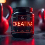 Bote de suplemento de Creatina en un entorno de gimnasio moderno, transmitiendo fuerza, energía y rendimiento máximo. Incluye elementos como pesas, shaker y toalla.