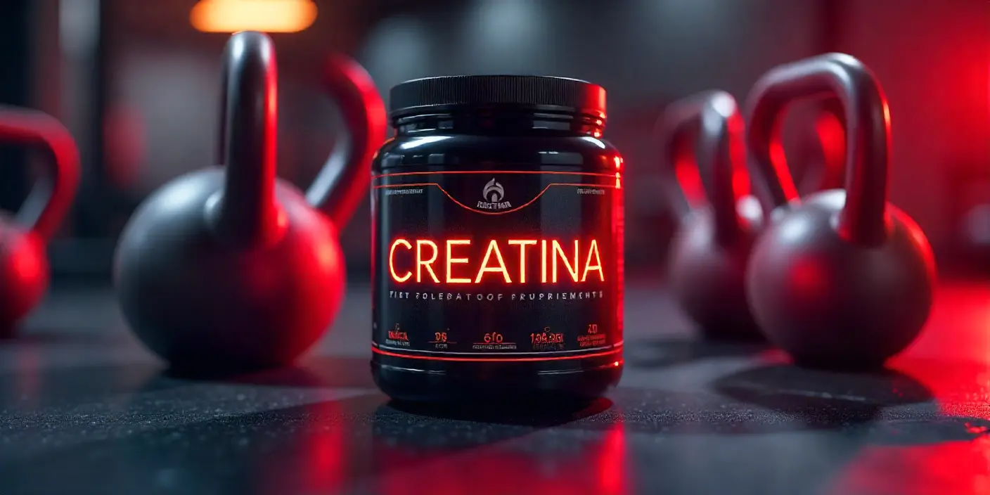 Bote de suplemento de Creatina en un entorno de gimnasio moderno, transmitiendo fuerza, energía y rendimiento máximo. Incluye elementos como pesas, shaker y toalla.