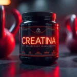 Bote de suplemento de Creatina en un entorno de gimnasio moderno, transmitiendo fuerza, energía y rendimiento máximo. Incluye elementos como pesas, shaker y toalla.