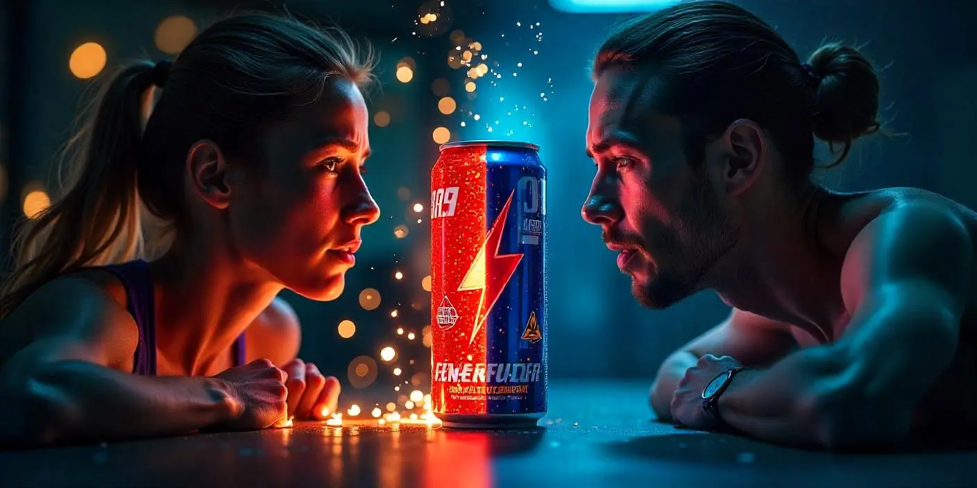 Dos personas analizan una bebida energética con expresión de duda, simbolizando el debate científico sobre si las bebidas energéticas son peligrosas o inofensivas para la salud.