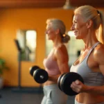 Pareja senior entrenando con pesas en gimnasio, deporte y longevidad con protocolos antienvejecimiento.
