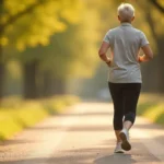 Persona mayor practicando Japanese Walking al aire libre, con postura erguida y balanceando los brazos, demostrando un entrenamiento de baja intensidad para mejorar la salud y el bienestar