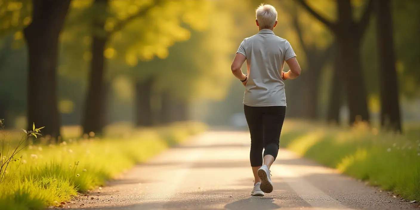 Persona mayor practicando Japanese Walking al aire libre, con postura erguida y balanceando los brazos, demostrando un entrenamiento de baja intensidad para mejorar la salud y el bienestar