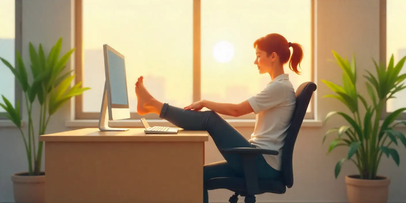 Persona haciendo ejercicios de piernas mientras está sentada para mejorar la circulación