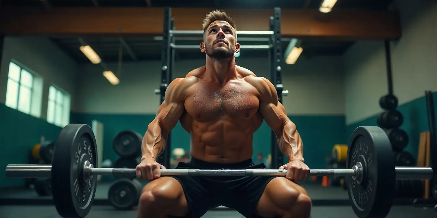 Atleta realizando una rutina de fuerza avanzada con barra para mejorar fuerza máxima y potencia