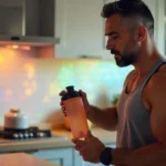 Hombre de 40 años tomando suplementos para acelerar la recuperación muscular