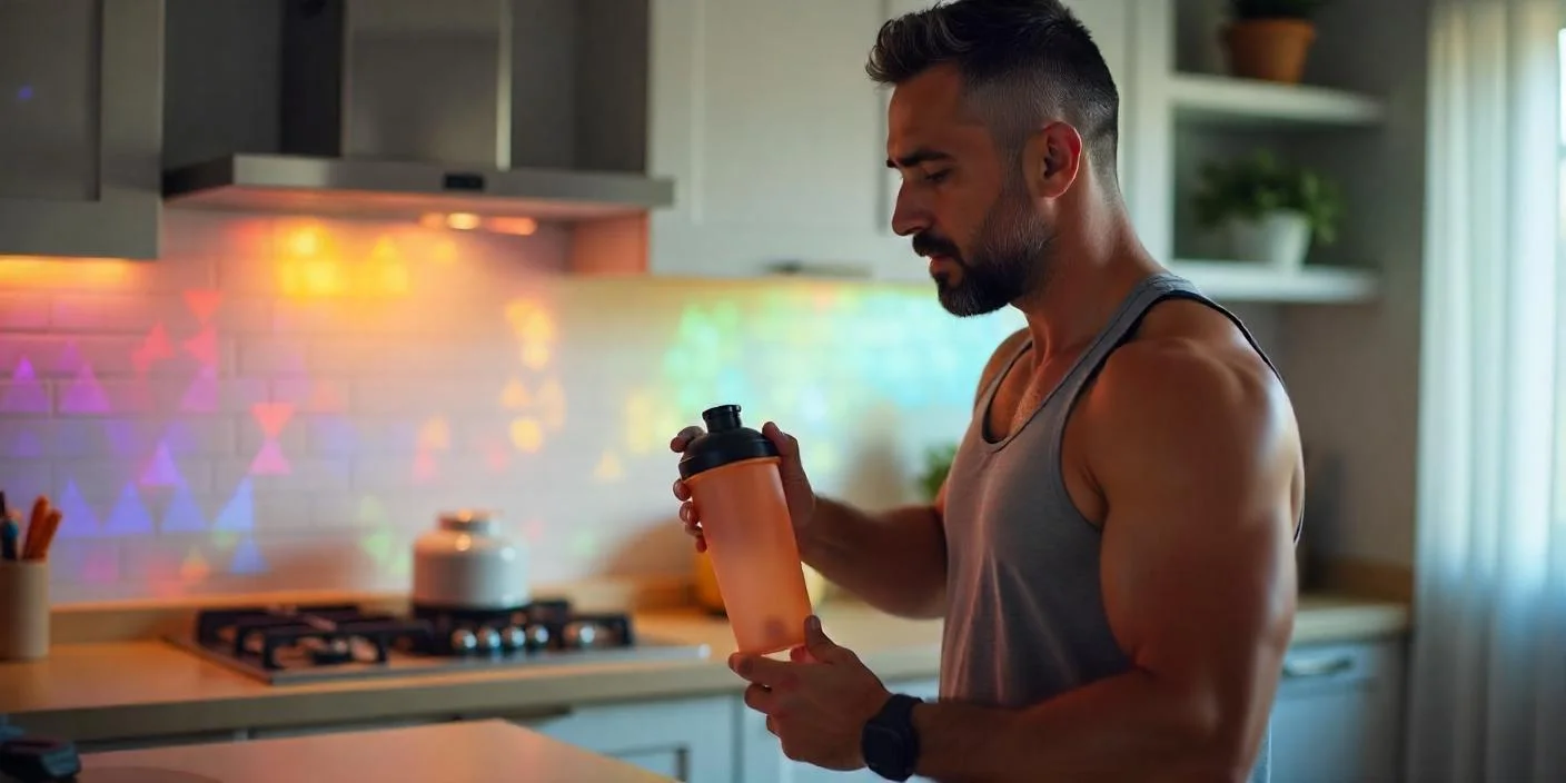 Hombre de 40 años tomando suplementos para acelerar la recuperación muscular