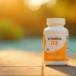 Bote de suplemento de vitamina D3 con el sol brillante de fondo, simbolizando la fuente natural de vitamina D para mejorar la salud ósea, muscular e inmunológica.