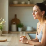 Persona practicando ayuno intermitente sentada con té y agua, transmitiendo bienestar y energía