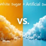 Mesa con alimentos que contienen azúcar y edulcorantes artificiales, ilustrando los efectos en la salud