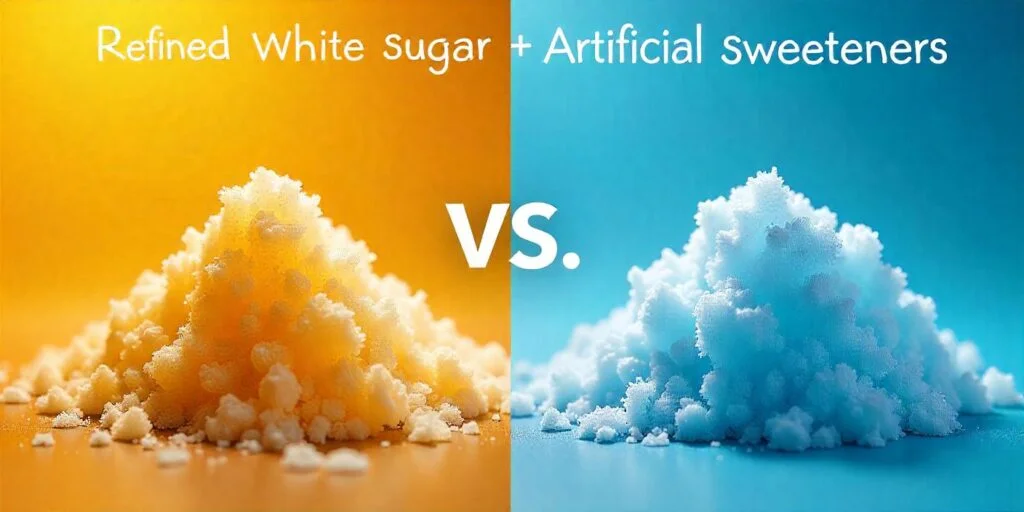 Mesa con alimentos que contienen azúcar y edulcorantes artificiales, ilustrando los efectos en la salud