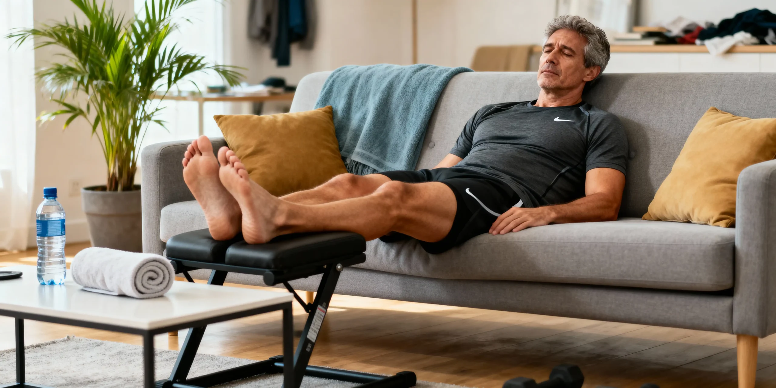 Imagen de un atleta sentado en un sofá, utilizada en el artículo sobre cuánto tiempo puedes dejar de entrenar antes de perder músculo. Representa el efecto del descanso prolongado en la pérdida de masa muscular.