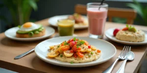 Mesa con varios desayunos ricos en proteína: tostadas de aguacate con huevo, batido de proteínas con frutas y yogur griego, tortilla de claras con verduras, gachas de avena con almendras y semillas de chía, tortitas de avena con plátano