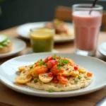 Mesa con varios desayunos ricos en proteína: tostadas de aguacate con huevo, batido de proteínas con frutas y yogur griego, tortilla de claras con verduras, gachas de avena con almendras y semillas de chía, tortitas de avena con plátano