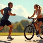 Dos atletas al aire libre realizando entrenamiento HIIT o LISS, mostrando la diferencia entre ejercicios de alta y baja intensidad, ilustración hiperrealista de deportistas normales