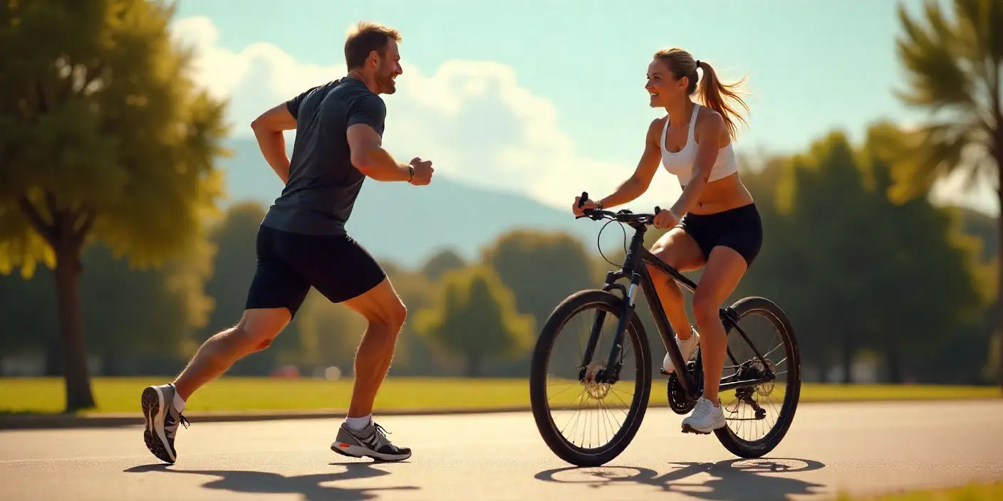 Dos atletas al aire libre realizando entrenamiento HIIT o LISS, mostrando la diferencia entre ejercicios de alta y baja intensidad, ilustración hiperrealista de deportistas normales