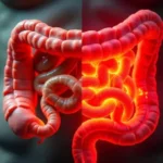 Ilustración de un intestino inflamado mostrando los efectos de los lácteos e inflamación en el sistema digestivo