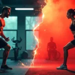 Personas haciendo ejercicio que ilustran la ratio testosterona/cortisol, mostrando equilibrio hormonal y rendimiento físico