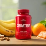 Bote de creatina rodeado de alimentos que mejoran su absorción como plátano, salmón, aguacate y remolacha