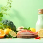 Selección de alimentos antidepresivos naturales como salmón, aguacate, frutos secos, frutas cítricas y verduras de hoja verde