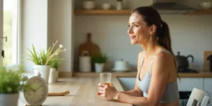 Persona practicando ayuno intermitente sentada con té y agua, transmitiendo bienestar y energía