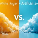 Mesa con alimentos que contienen azúcar y edulcorantes artificiales, ilustrando los efectos en la salud