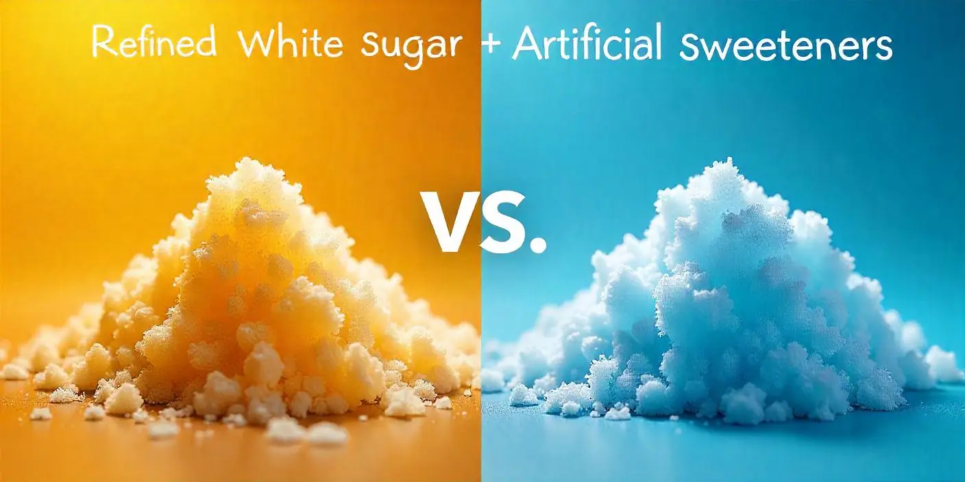 Mesa con alimentos que contienen azúcar y edulcorantes artificiales, ilustrando los efectos en la salud