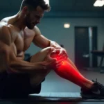 Persona con calambres musculares en la pierna durante el entrenamiento, mostrando prevención y primeros auxilios