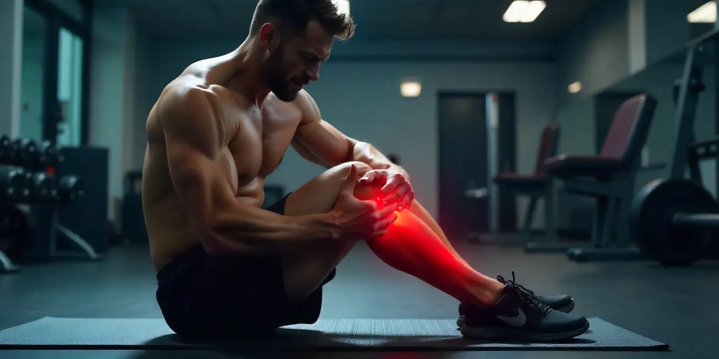 Persona con calambres musculares en la pierna durante el entrenamiento, mostrando prevención y primeros auxilios