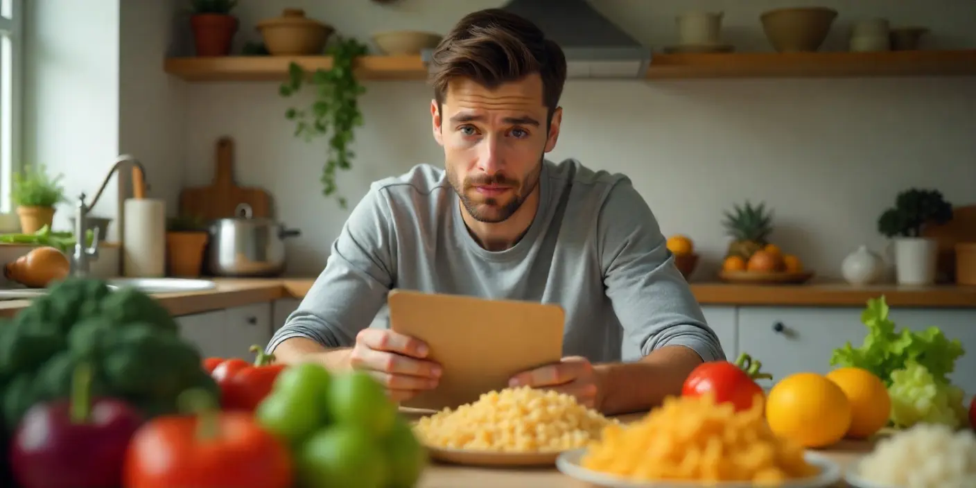 Hombre joven revisando su cartera vacía mientras tiene una mesa con verduras, frutas, legumbres, arroz y huevos, representando comer bien con poco dinero