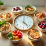 Reloj rodeado de platos saludables que representan la crononutrición y los mejores momentos del día para comer según el ritmo circadiano