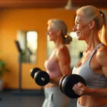 dos mujeres longevas entrenando con pesas en gimnasio, deporte y longevidad con protocolos antienvejecimiento.
