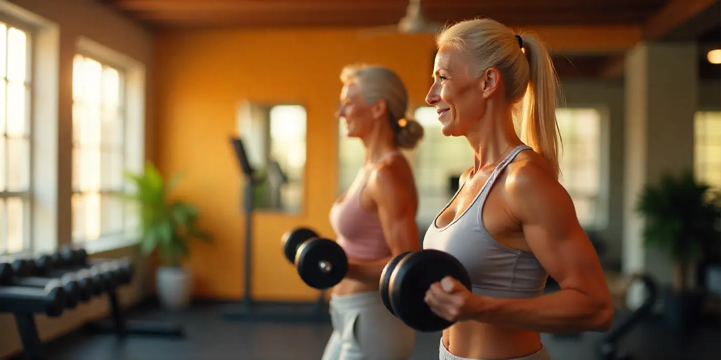dos mujeres longevas entrenando con pesas en gimnasio, deporte y longevidad con protocolos antienvejecimiento.