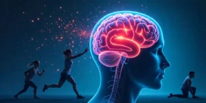 cerebro saludable y personas haciendo ejercicio físico, mostrando la relación entre ejercicio y salud cerebral para prevenir enfermedades neurodegenerativas como Alzheimer y Parkinson.