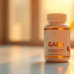 Bote moderno de suplemento de GABA con etiqueta visible y brócoli al fondo, ilustración hiperrealista