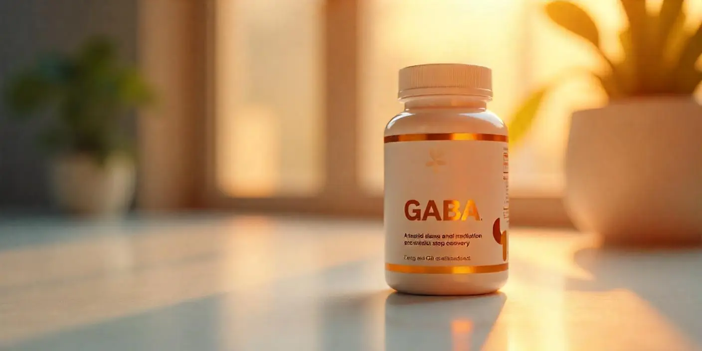 Bote moderno de suplemento de GABA con etiqueta visible y brócoli al fondo, ilustración hiperrealista