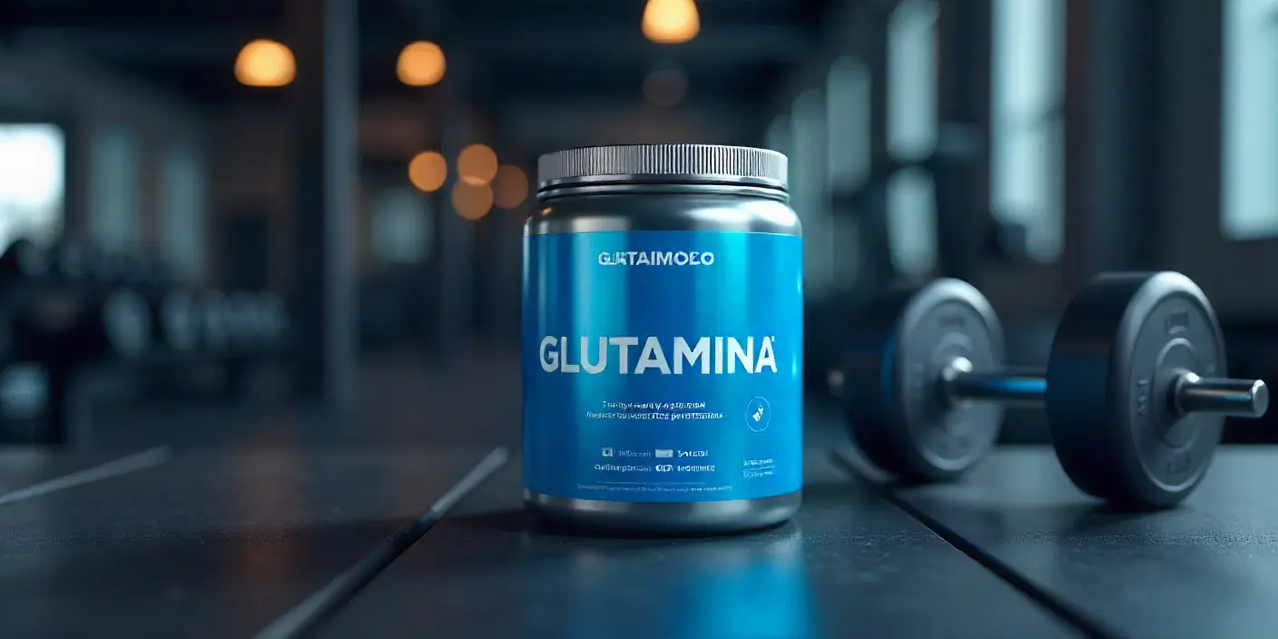 Bote de suplemento de Glutamina sobre superficie moderna con elementos de gimnasio, mostrando recuperación muscular y rendimiento deportivo