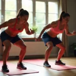Dos personas haciendo HIIT en casa, mostrando esfuerzo y quema de grasa