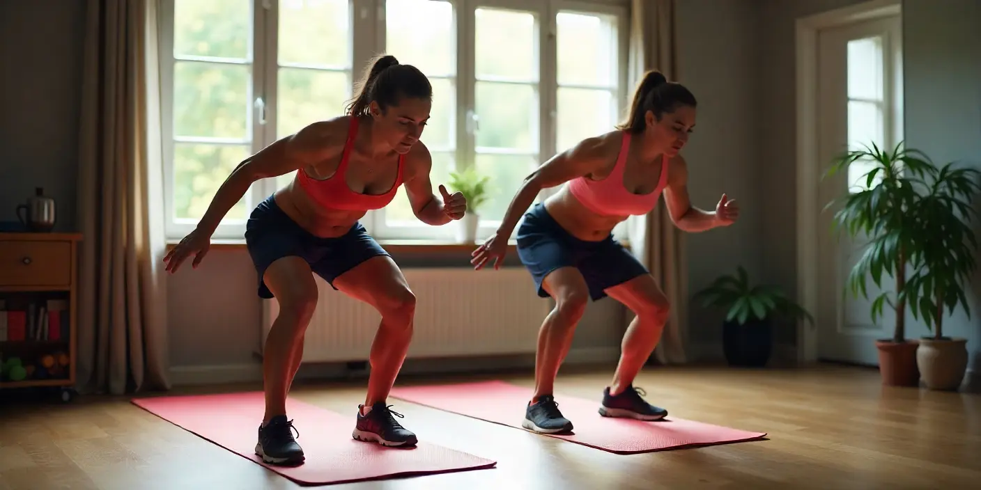Dos personas haciendo HIIT en casa, mostrando esfuerzo y quema de grasa