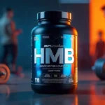 Bote de HMB con pesas y deportistas de fondo, suplemento para ganar músculo y reducir la fatiga