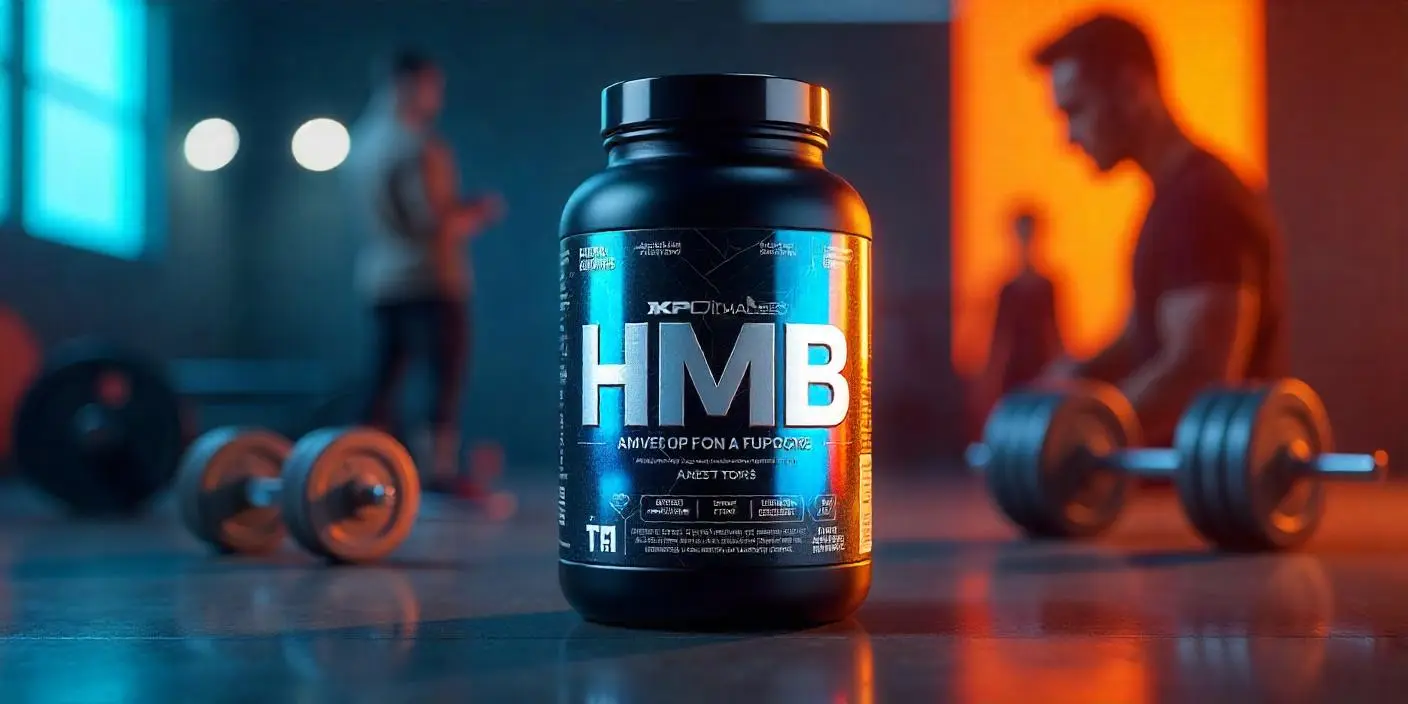 Bote de HMB con pesas y deportistas de fondo, suplemento para ganar músculo y reducir la fatiga