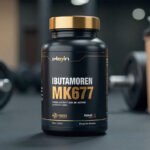 Bote de suplemento Ibutamoren MK677 sobre fondo de gimnasio, mostrando el envase y etiquetado de manera realista