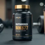 Bote de suplemento Ibutamoren MK677 sobre fondo de gimnasio, mostrando el envase y etiquetado de manera realista