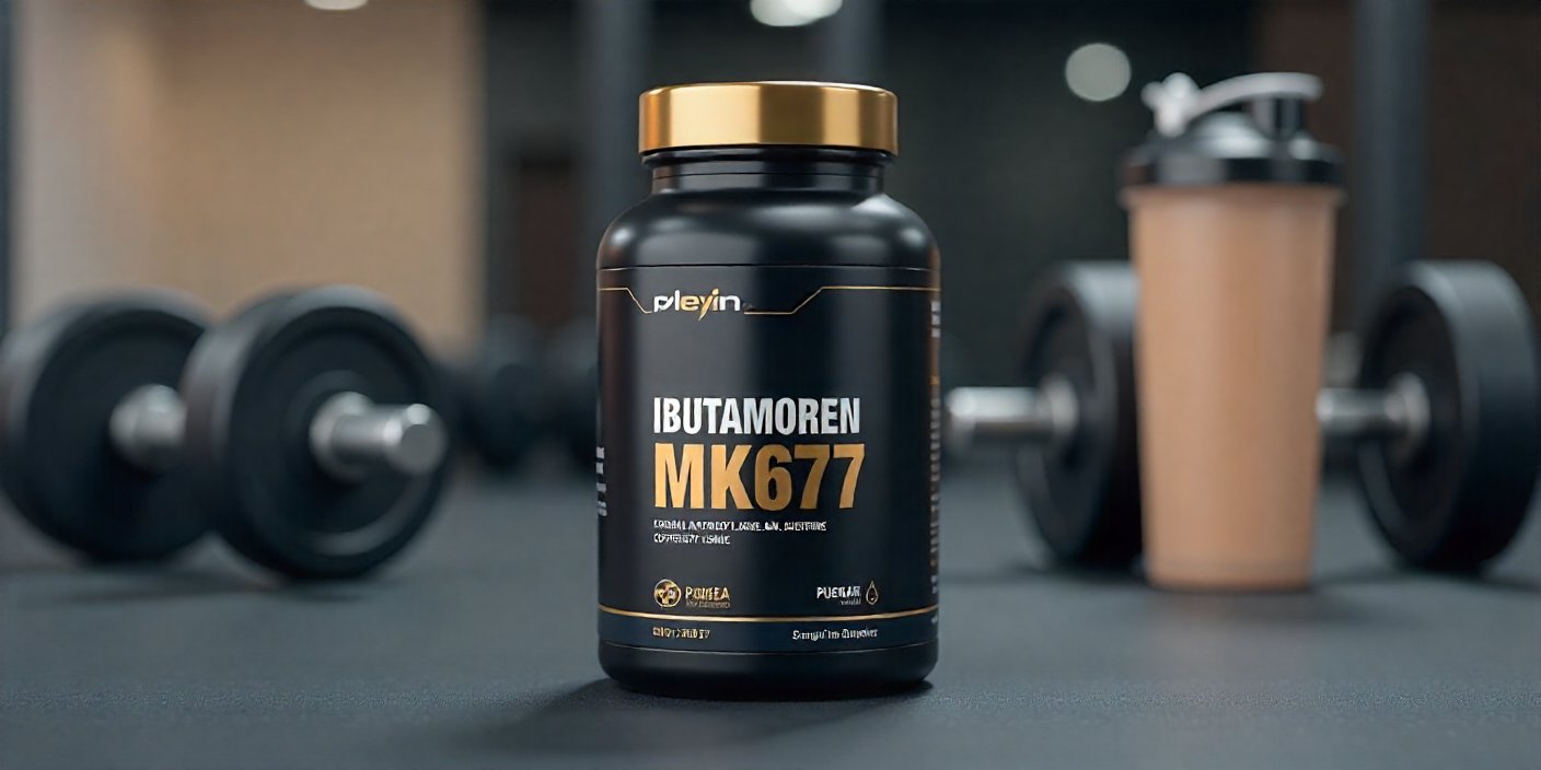 Bote de suplemento Ibutamoren MK677 sobre fondo de gimnasio, mostrando el envase y etiquetado de manera realista