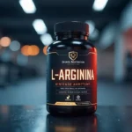 Bote de L-Arginina en fondo deportivo, simbolizando la mejora del rendimiento físico y la vasodilatación muscular