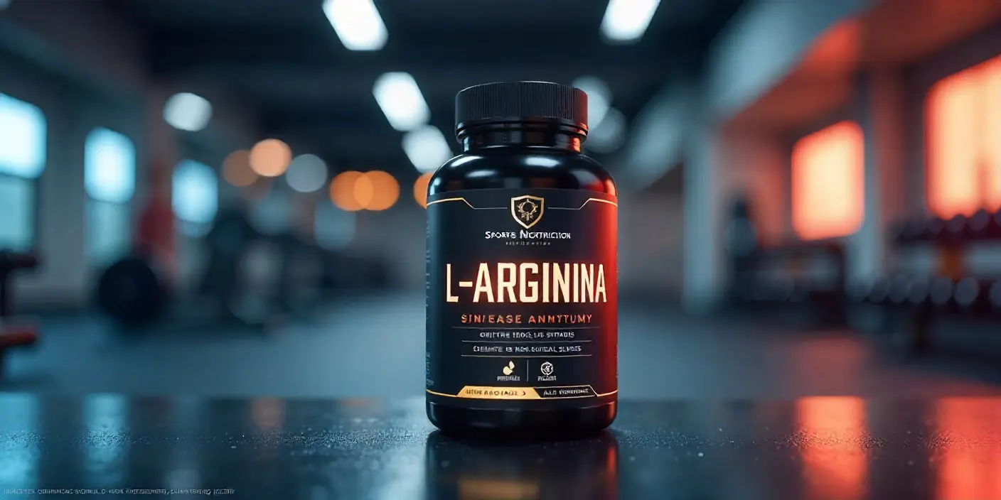 Bote de L-Arginina en fondo deportivo, simbolizando la mejora del rendimiento físico y la vasodilatación muscular