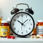 Reloj rodeado de botes de suplementos nutricionales y vitaminas, representando el mejor momento del día para tomar suplementos según la ciencia