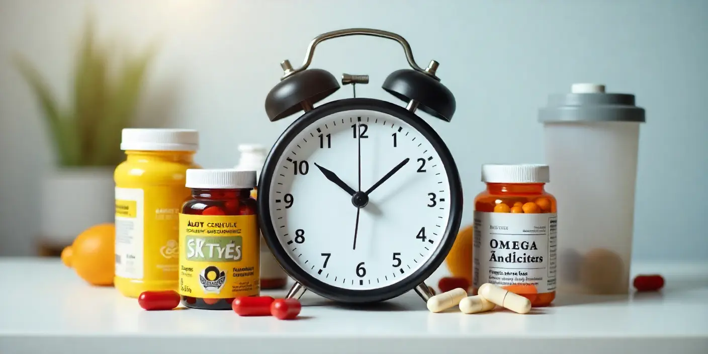 Reloj rodeado de botes de suplementos nutricionales y vitaminas, representando el mejor momento del día para tomar suplementos según la ciencia