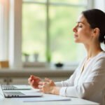 Mujer joven practicando técnicas de respiración y mindfulness en su escritorio de oficina para reducir la ansiedad y el estrés al instante.