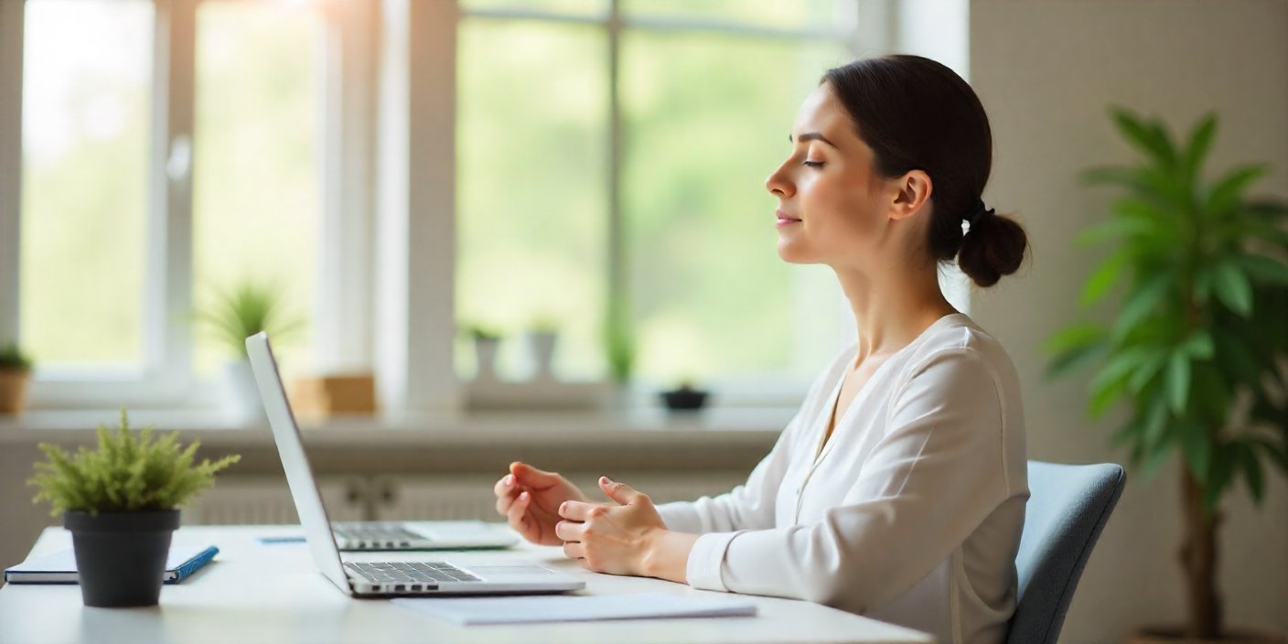 Mujer joven practicando técnicas de respiración y mindfulness en su escritorio de oficina para reducir la ansiedad y el estrés al instante.